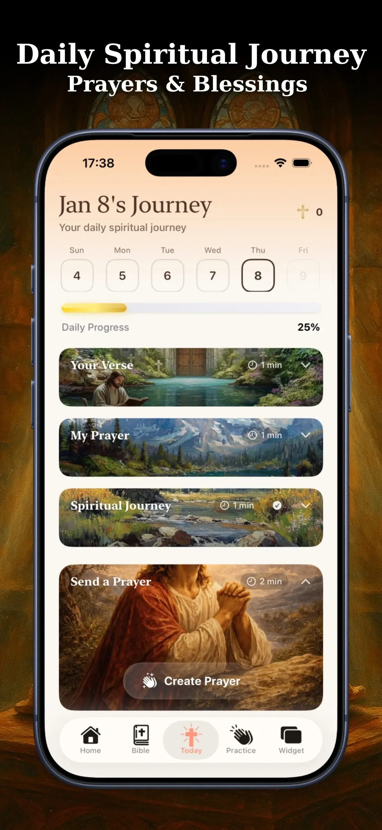 Bible Widget daily prayer, blessings, and faith journey screen on iPhone