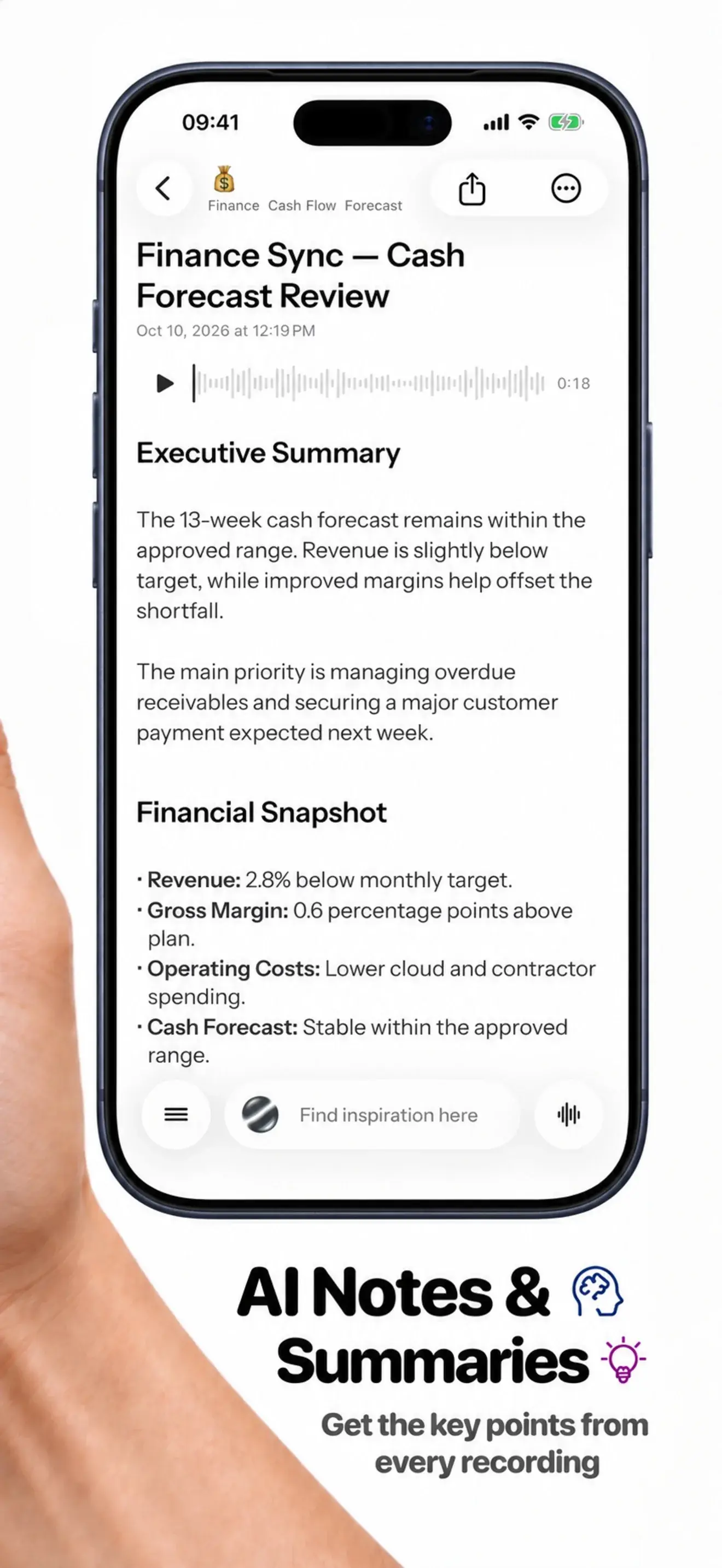 Sunote AI note-taking and summary screen on iPhone