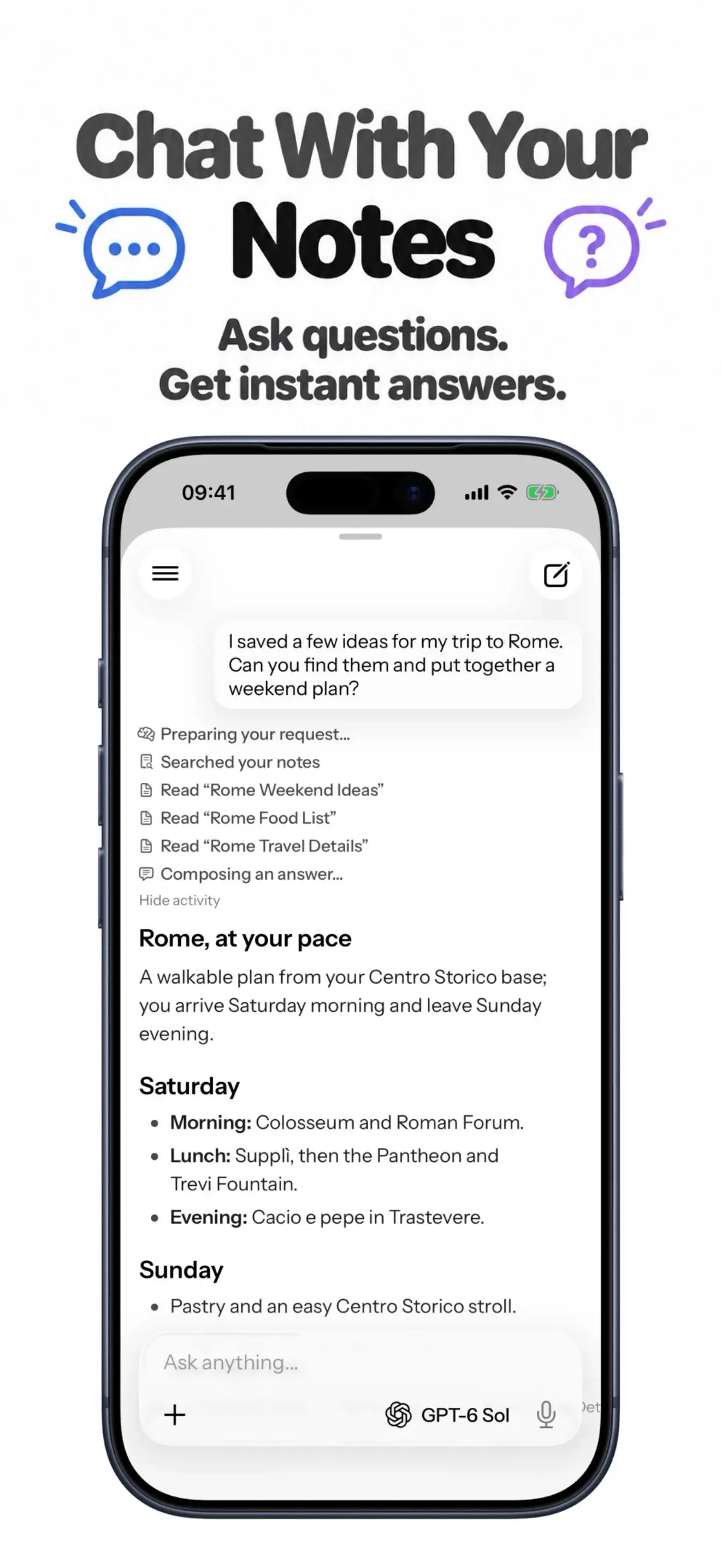 Sunote chat with AI notes screen on iPhone