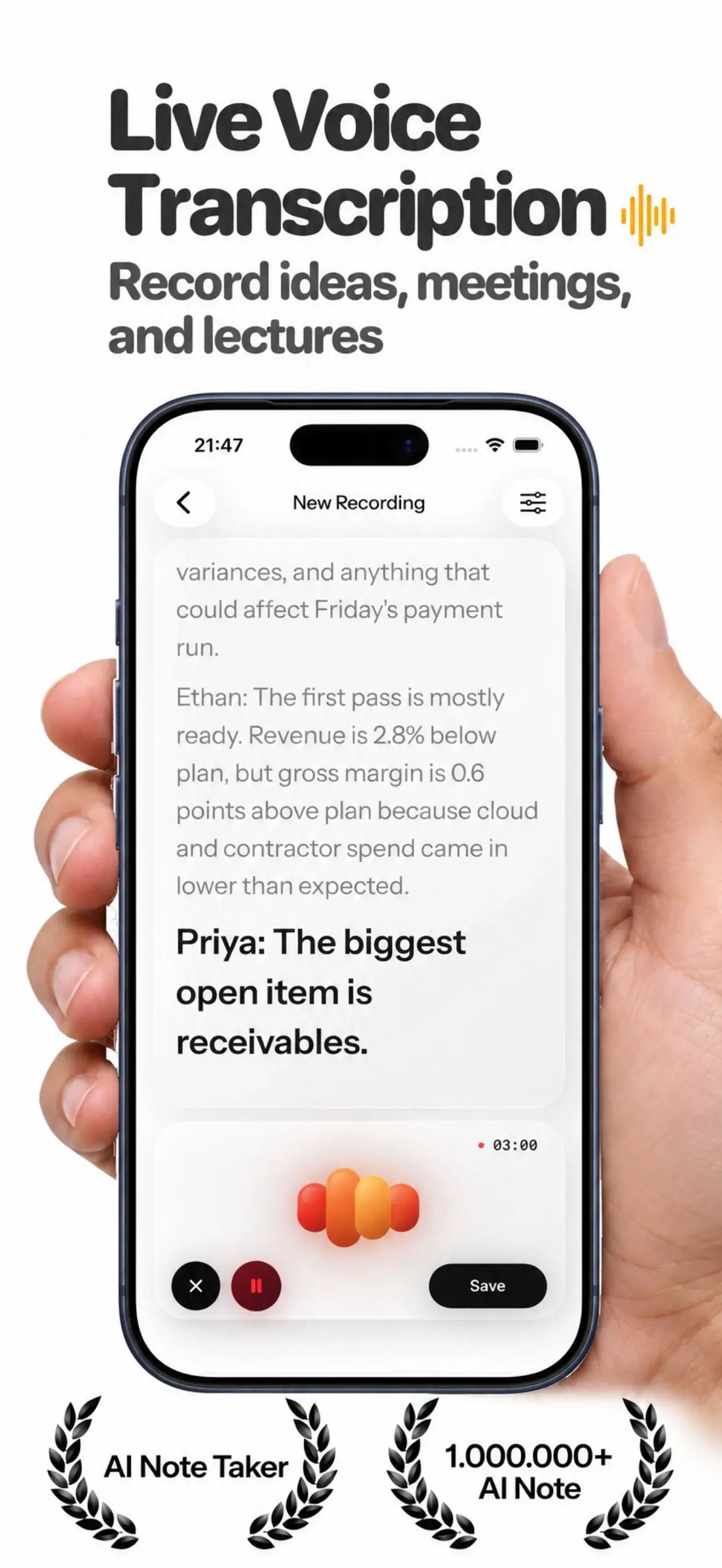 Sunote live voice transcription screen on iPhone