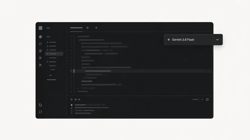 A minimal dark code editor with a Gemini 3.8 Flash model selector