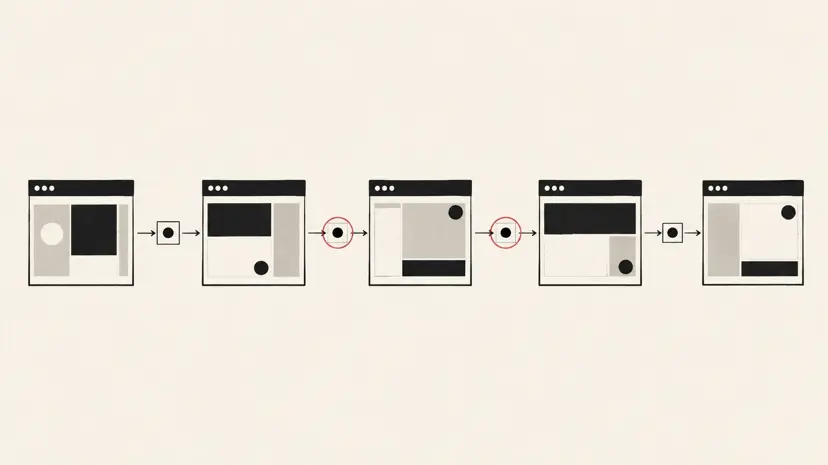 Five minimal browser windows relaying a message through the web