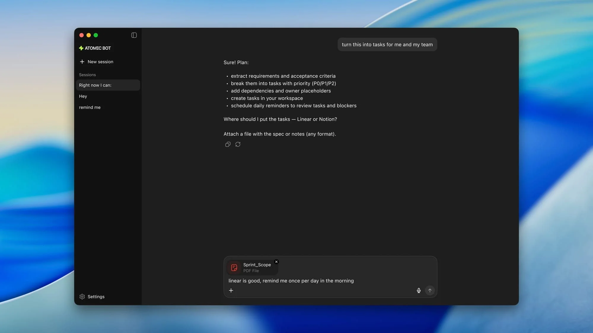 Atomic Chat agent processing a task — dark mode interface with OpenClaw handling document analysis and task creation