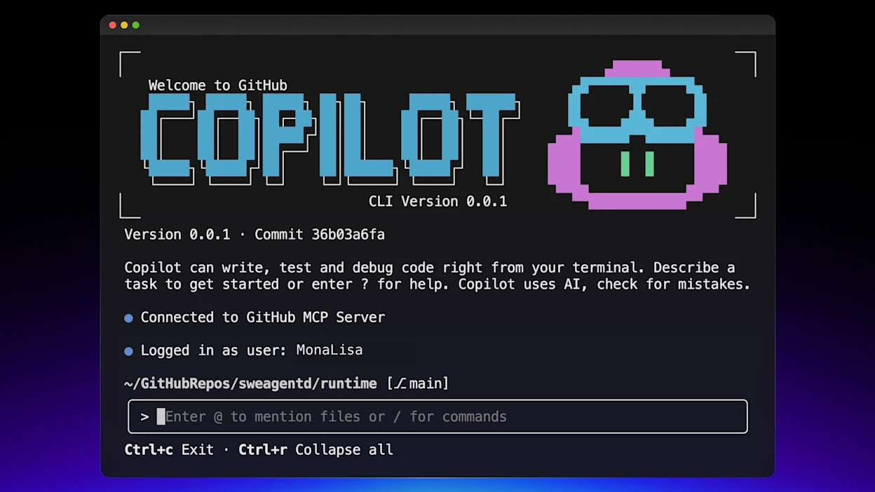 The GitHub Copilot CLI interface showing a welcome message.